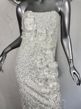 helsi leslie strapless sequin mesh midi dress Leslie Strapless Sequin Mesh Midi Dress In Silver